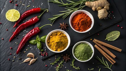 Assortment of vibrant spices and fresh ingredients like chili pepper, turmeric, paprika, and cinnamon sticks arranged on a dark slate surface for cooking