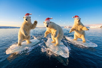 Three cheerful white polar bears in Santa hats surfing among the beautiful ice of Antarctica on a beautiful sunny day, and blue sky. A magical Christmas mood.