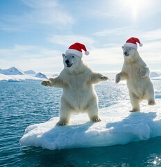 Two funny white polar bears in Santa hats surfing among the beautiful ice of Antarctica on a beautiful sunny day, and blue sky. A magical Christmas mood.