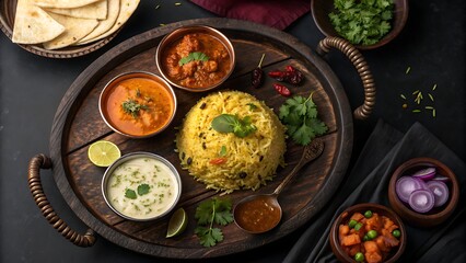 Delicious indian thali platter featuring yellow rice, various curries, raita, and flatbread served on a dark wooden tray from above
