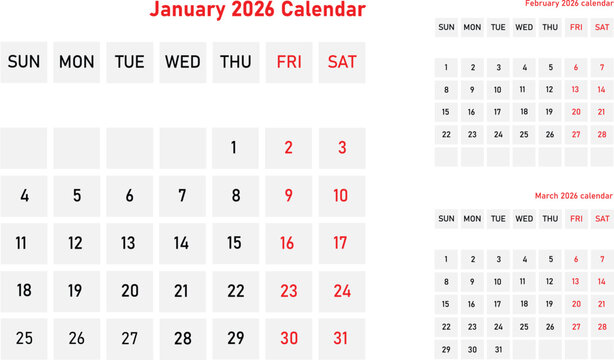 January  2026 monthly Calendar Vector Illustration. january, February and March calendar page design.