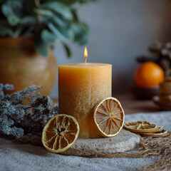 Warm beeswax candle with dried oranges and lavender for cozy atmosphere