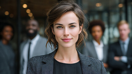 businesswoman leading diverse professional team in corporate office, confident leadership concept representing empowerment inclusion and modern business culture