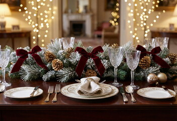 Elegant Christmas table setting with Xmas decorations in living room. Luxury dining table.