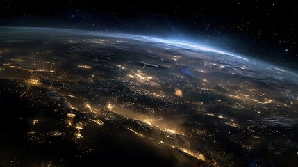Fototapeta premium Planet Earth illuminated by widespread city lights viewed from orbital altitude during nighttime