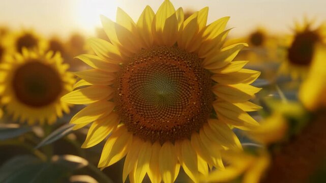 3D hyper-real sunflower, macro close-up showing seed pattern detail, soft golden hour light