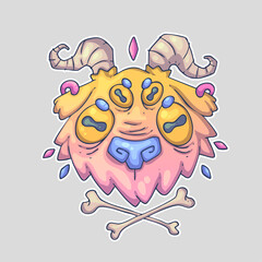 A colorful, cartoonish creature with four eyes, horns, and crossed bones below, resembling a playful monster. Cartoon vector character. Trendy style. Vector illustration.