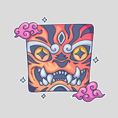 A colorful, stylized mask with fierce eyes, sharp teeth, and decorative elements, surrounded by pink clouds. Cartoon vector character. Trendy style. Vector illustration.