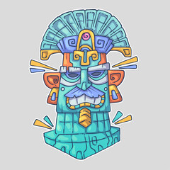 A colorful, stylized mask with intricate patterns, resembling an ancient artifact with a feathered headdress. Cartoon vector character. Trendy style. Vector illustration.