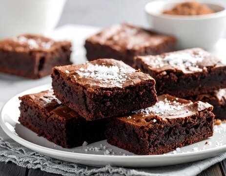 Delicious homemade chocolate brownies with sea salt flakes on a white plate