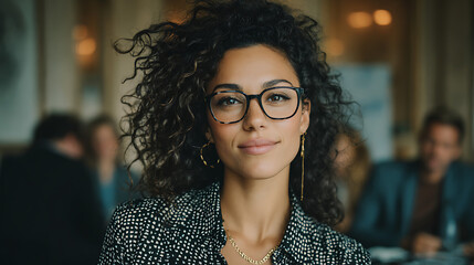 confident curly haired leader engaged in a collaborative meeting with her team demonstrating focus communication teamwork and professional energy in a modern office environment