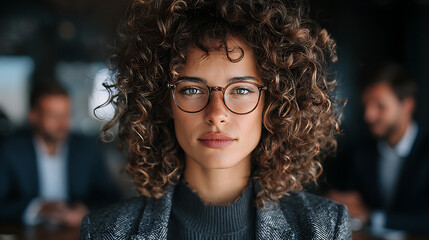 confident curly haired leader engaged in a collaborative meeting with her team demonstrating focus communication teamwork and professional energy in a modern office environment
