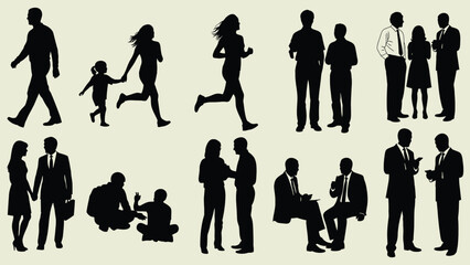 Vector set of isolated human silhouettes in various poses, clean minimal flat shapes for design, infographic, and illustration use.