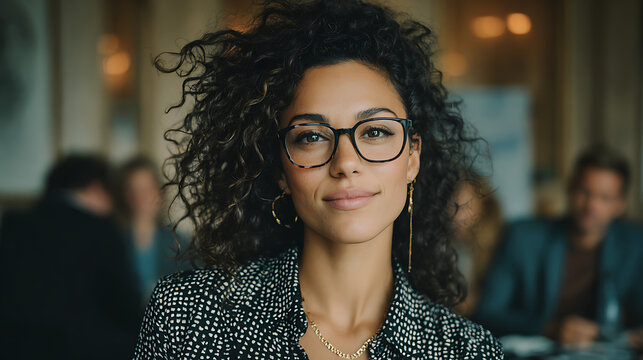confident curly haired leader engaged in a collaborative meeting with her team demonstrating focus communication teamwork and professional energy in a modern office environment