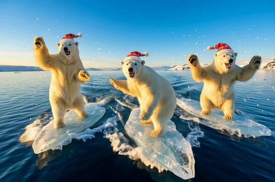 Three funny white polar bears in Santa hats surfing among the beautiful ice of Antarctica on a beautiful sunny day, and blue sky. A magical funny Christmas mood.