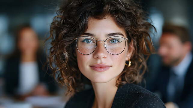 curly haired businesswoman wearing glasses taking part in a modern office meeting demonstrating confidence collaboration and effective teamwork with a focused group in a professional environment - Powered by Adobe