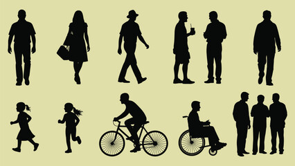 Vector set of isolated human silhouettes in various poses, clean minimal flat shapes for design, infographic, and illustration use.