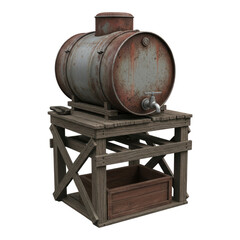 Old rusty metal barrel with spigot on wooden stand isolated isolated on transparent background