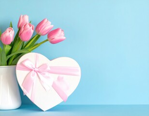 Fototapeta premium Pink tulips with a heart box on light blue