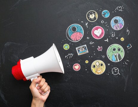 Megaphone's social media icons burst from communication - Powered by Adobe