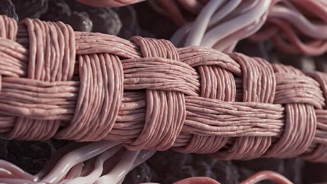 Close up macro view of microscopic collagen fibers intertwining forming a strong biological tissue structure with organic texture and light orange highlights
