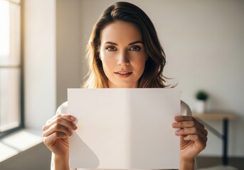 Woman Holding Blank White Paper Sign for advertising, copy space, message, announcement, promotion.