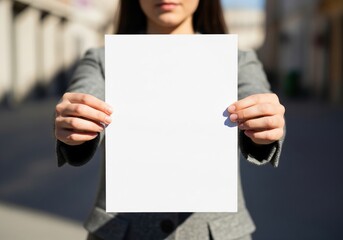 Businesswoman Holding Blank White Sheet Outdoors