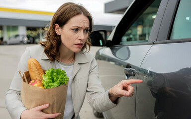 Worried car owner discovers car has been scratched in parking lot.