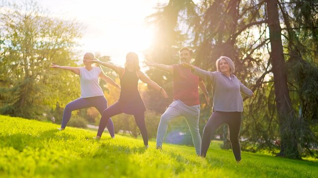 Senior friends practicing yoga together in the park at sunset - Powered by Adobe