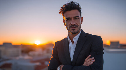 confident businessman with arms crossed on a rooftop wearing a sleek suit demonstrating professional style executive authority leadership and success in modern corporate environment