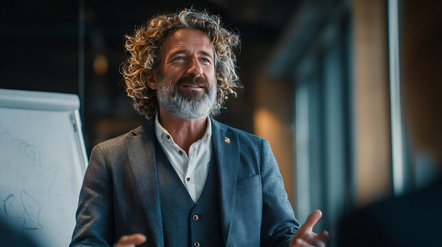 middle aged executive presenting business strategy in a modern office confidently addressing a team during a corporate meeting showing leadership focus and professional expression