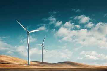 Wind turbines generate renewable energy against a backdrop of blue sky and fluffy clouds in a picturesque landscape
