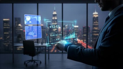 Businessman Holding Futuristic Holographic Financial Interface with Digital Data Charts, AI-Powered Analytics and Smart Business Technology Overlooking City Skyline at Night - Powered by Adobe
