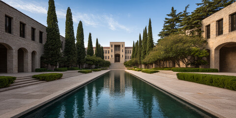 Historic architecture and serene landscaping at an elegant courtyard in a quiet location during a sunny day