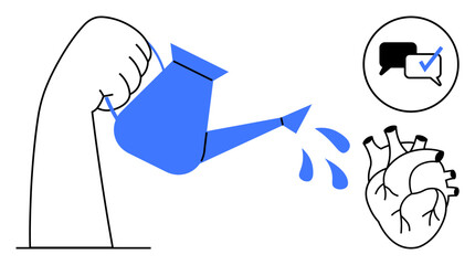 Hand holding a watering can nurturing a heart with water droplets, chat bubble with a check mark. Ideal for empathy, communication, compassion, connection, mental health, self-care growth. Minimal