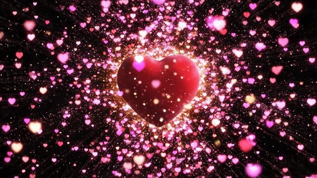 Abstract glowing red heart exploding with pink bokeh heart particles in a dark tunnel motion graphic