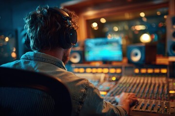 Fototapeta premium Sound engineer working on music tracks in a busy professional recording studio during evening hours with a focus on mixing and producing sound