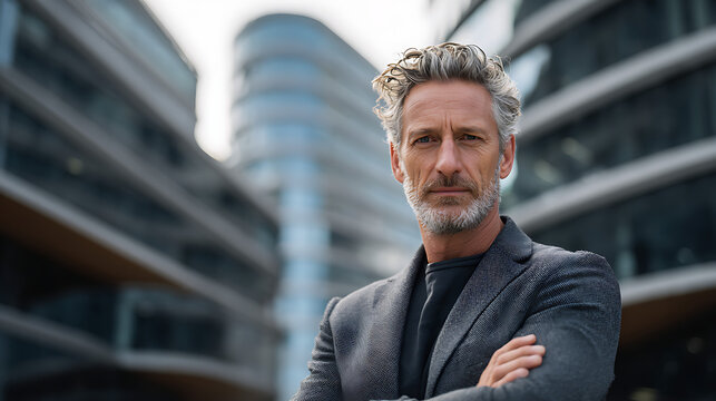 mature businessman standing firmly near a glass office building showing confidence determination leadership and success with a strong poised expression and corporate attitude