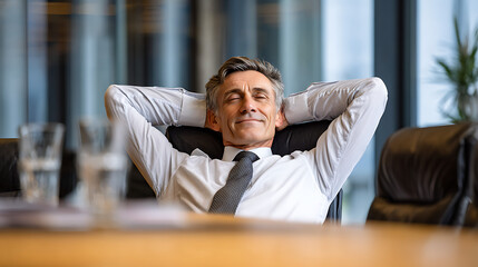 senior businessman taking a moment to relax in an empty meeting space leaning back with hands behind his head demonstrating leadership stability success and calm presence in a corporate boardroom