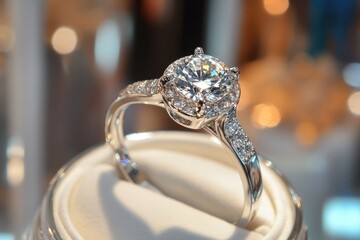 A stunning diamond ring with a large, round-cut center stone surrounded by smaller, round-cut diamonds. The ring is displayed on a white stand against a blurred background of lights and bokeh effects.