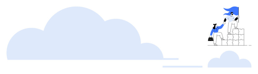 Leader helps teammate climb stacked blocks towards success with teamwork focus, mountain-thumbs up challenge. Ideal for leadership, teamwork, success, growth, ambition, achievement guidance. Simple