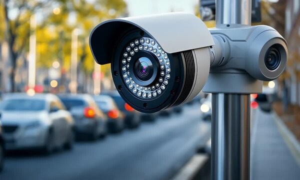 Modern Security Camera Mounted on Pole Monitoring Traffic Flow on a Busy Urban Street During Daytime with Soft Bokeh Background Lights and Vehicles Moving in a Line