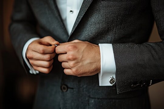 A man in a suit adjusting his cufflinks, standing in front of a grand building with a clock tower.