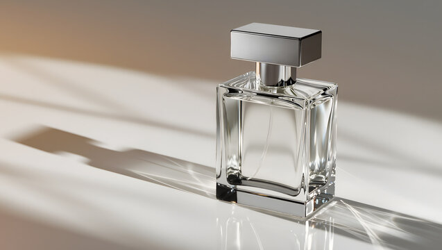 Transparent perfume bottle with elegant shadow play, luxury beauty concept.