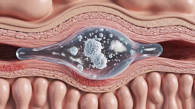 Detailed 3D Medical Illustration of Skin Layers Showing a Sebaceous Cyst Formation Beneath the Epidermis with Clear Fluid and Inflammatory Particles