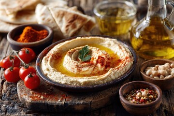Delicious hummus plate served with olive oil, sprinkled with paprika, complemented by fresh tomatoes, pita bread, and spices on a rustic wooden table