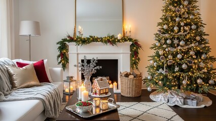 Elegant Christmas Living Room Decor with Fireplace, Tree, and Cozy Holiday Lighting