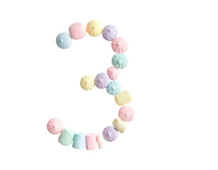 Obraz premium Number three made of colorful pastel marshmallows