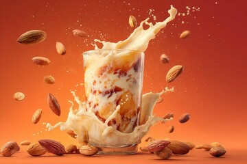 Vibrant splash of creamy almond milk surrounded by almonds in a warm, inviting setting