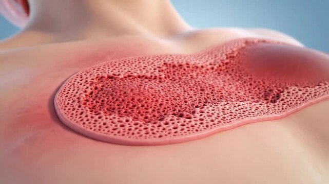 Detailed medical illustration of a magnified view of bone tissue showing osteoporosis with porous structure and bone loss depicted on a human torso with soft